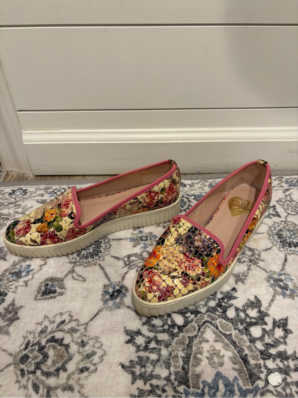 Floral Slip-On Platform Loafers with Pink Trim